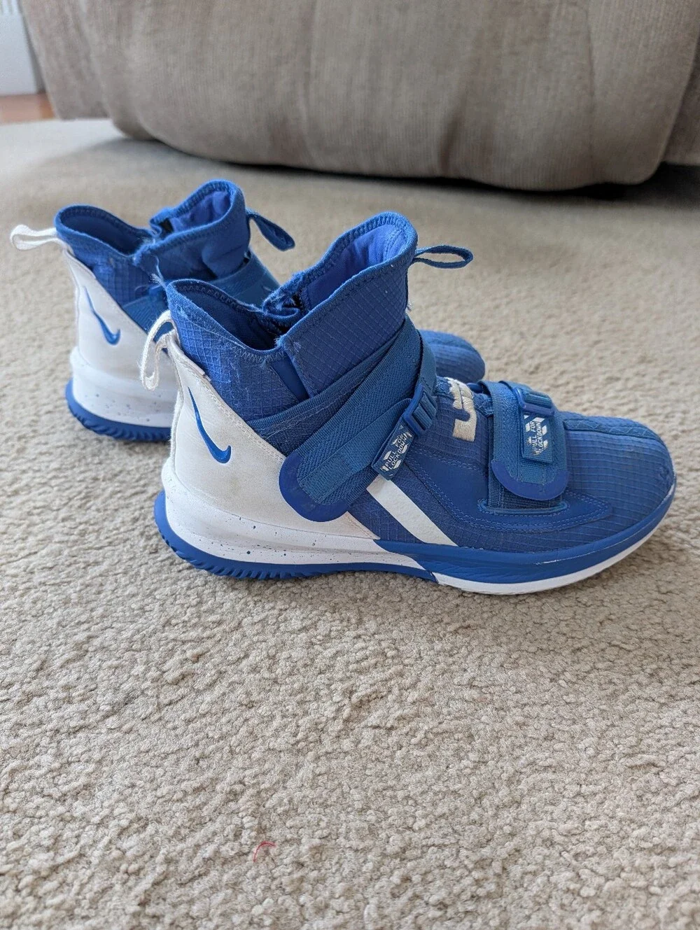 Nike Mens LeBron Soldier Basketball Blue and White High-Top Athletic Shoes